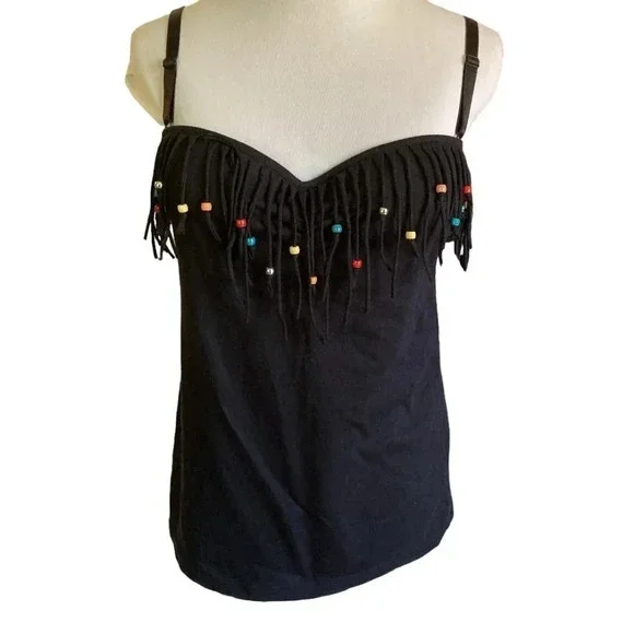 GLO Jeans Fringed Beaded Black Festival Top, Size XL (Junior),‎ w Padded Bra - Picture 2 of 7